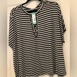 August Mist Danone Lace Up Detail Knit Top- Dark Grey and White Strip 2x